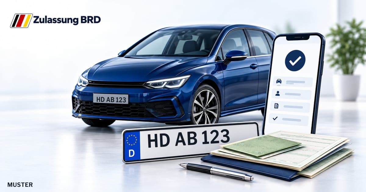Online Fahrzeugzulassung in Heddesheim: Musterkennzeichen HD AB 123, Auto und Fahrzeugpapiere und Smartphone. Illustration mit Logo von Zulassung BRD.